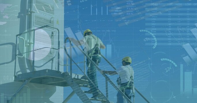 Climbing technicians ascending industrial staircase, wearing safety harnesses and hard hats