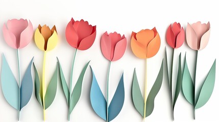 Colorful tulip paper collage in nostalgic retro style on white background
