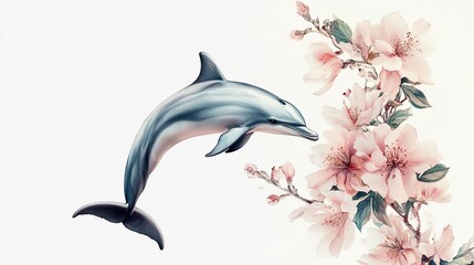 Dynamic dolphin pose with realistic curved body and blooming pink flowers on white background