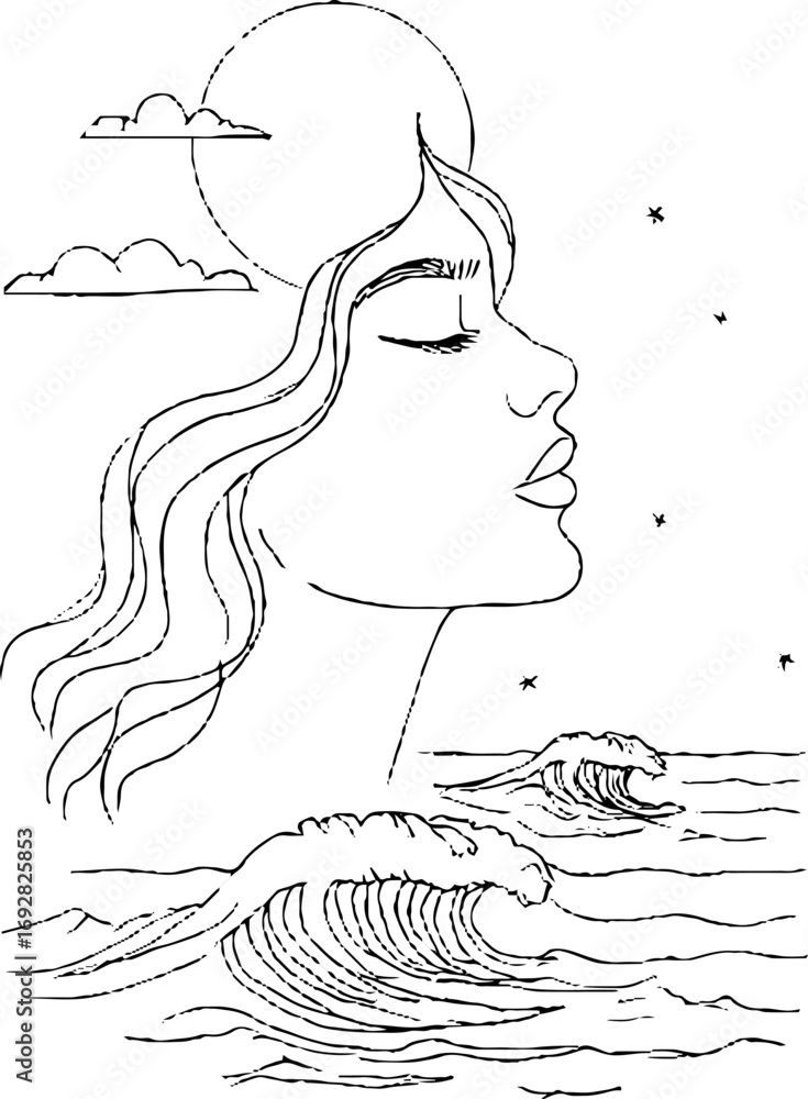 Poster minimalist line art profile with ocean waves and celestial elements for elegant bohemian design