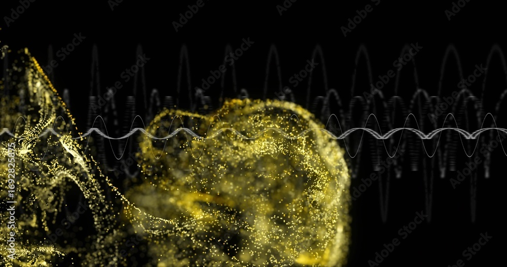 Poster swirling golden particle cloud flowing across digital void, with white oscillating waveform lines