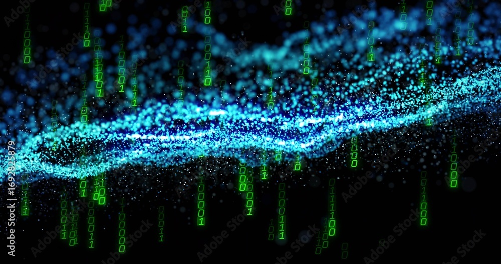 Poster glowing turquoise particle wave streaming through virtual space, with falling green binary digits