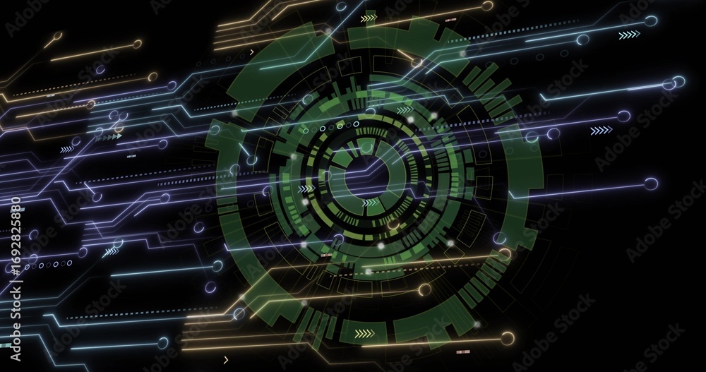 Poster displaying green multiringed interface glowing on dark hud, with circuit traces, pointers and nodes