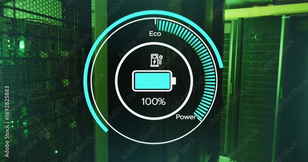 Poster displaying eco-power gauge showing full battery icon at data center with server racks, mesh panels