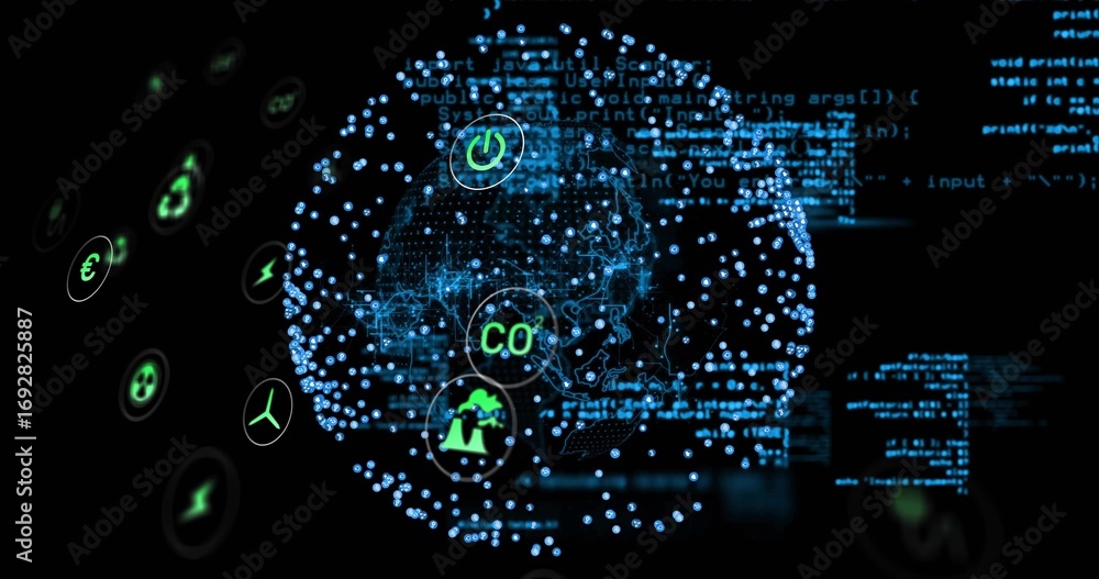 Poster displaying central network sphere floating in virtual interface, with blue code and green icons