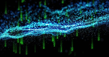 Glowing turquoise particle wave streaming through virtual space, with falling green binary digits
