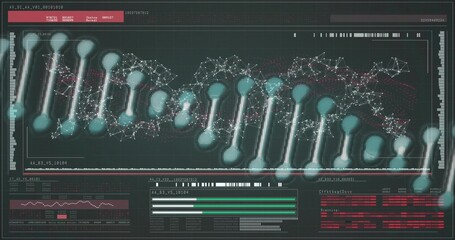 Displaying DNA double-helix model glowing in lab interface, with network nodes and data panels