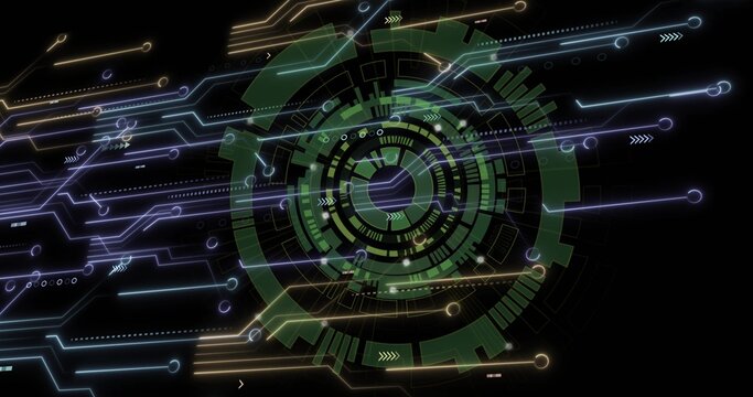 Displaying green multiringed interface glowing on dark HUD, with circuit traces, pointers and nodes
