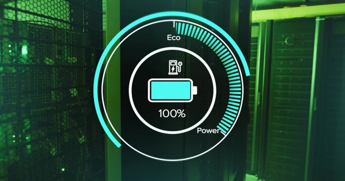 Displaying eco-power gauge showing full battery icon at data center with server racks, mesh panels - Powered by Adobe