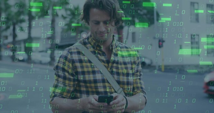 Man in plaid shirt checking smartphone on city street, with messenger bag, wristwatch, data overlay
