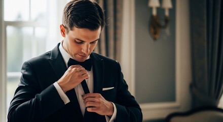 Groom Adjusting Bow Tie in Elegant Room, Preparing for Wedding Ceremony.