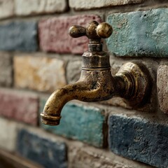 Antique brass faucet affixed to a colorful brick wall