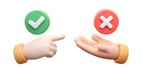 3D rendered hands showing choices, accept or reject.  Concept of decision making, yes or no.