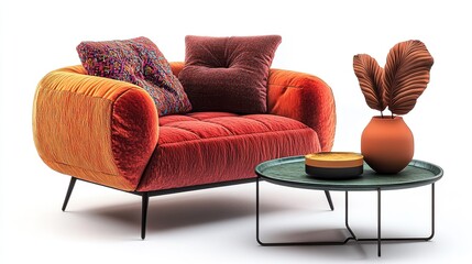 Red leather sofa and armchair furniture isolated on white for a comfortable room design