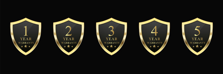 Set of luxury golden warranty logo. Realistic golden shield warranty numbers 1, 2, 3, 4, and 5 years. 3D Warranty card stamp for service provider and customer. Vector illustration.