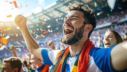 A jubilant man in a stadium celebrates with raised fist, confetti falling, expressing excitement and joy, surrounded by cheering fans.