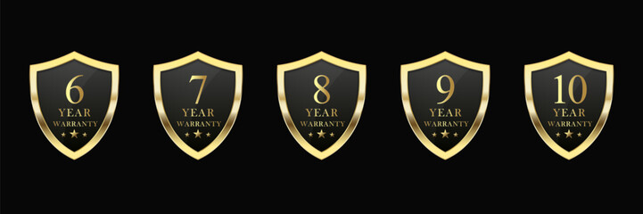 Set of luxury golden warranty logo. Realistic golden shield warranty numbers 6, 7, 8, 9, and 10 years. 3D Warranty card stamp for service provider and customer. Vector illustration.