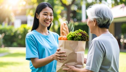 A young Asian woman smiles as she delivers a paper bag filled with groceries to an elderly woman outside in a sunny, green yard.