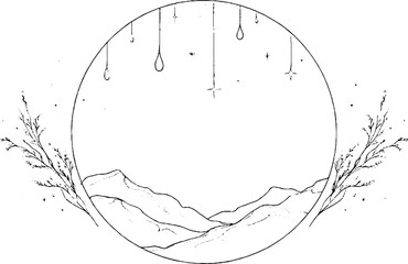 Fototapeta premium Minimalist line art with silhouette of mountains and hanging stars for aesthetic decor