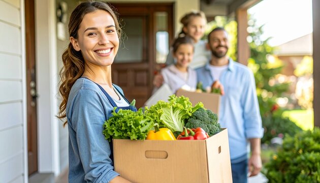 Smiling woman holds a box of fresh produce on a porch, with a happy family visible in the background near the front door.