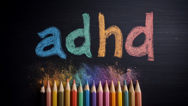 ADHD text written with colorful chalk and pencils symbolizing child psychology, learning difficulties, education, creativity, and mental health, perfect for school and awareness projects.