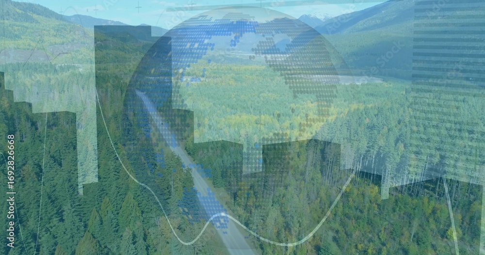Poster blending pixelated globe with wavy graph gridlines above highway to distant lake in mountain valley