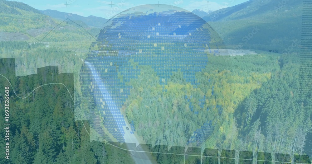 Poster displaying digital globe with pixel grid, data charts in forest valley, with 2-lane highway