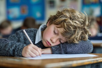 Tired school child falling asleep while writing in classroom, symbolizing ADHD, learning difficulties, lack of focus, psychology, childhood education and mental health stress concept.