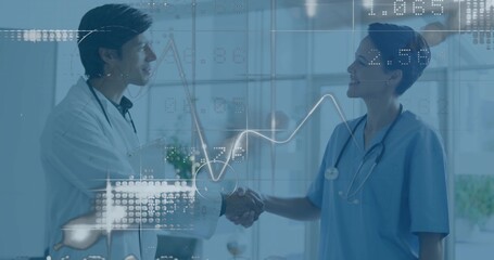 Nurse in scrubs and doctor in coat shaking hands in hospital corridor with digital data overlay
