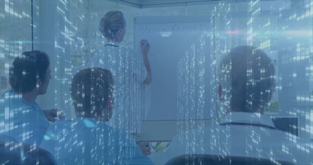 Presenting doctor in white-coat writing medical report on flipchart in meeting room, data overlay