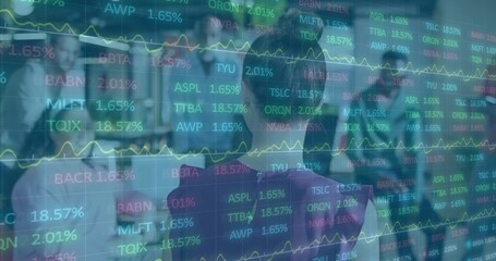 Analyzing stock tickers traders observing transparent digital screen on floor, with chart overlays