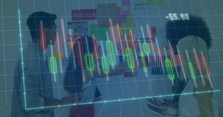 Collaborating team in business attire analyzing strategy on whiteboard in office, with data overlay