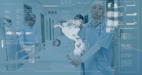 Attending medical team pushing stretcher down hospital corridor, with digital map and stethoscopes