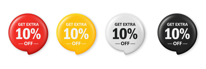 Get extra 10 percent off sale. Save 10 percent. 3D tag promotion design for shopping, marketing, advertisement, banner and web. Red, yellow, white, and black discount tags. Vector illustration.