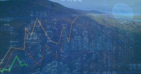 Displaying financial data overlay over green mountains, with line graphs, bar charts and metrics