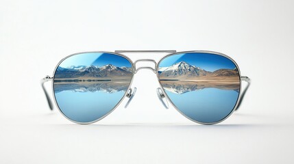 Stylish dark sunglasses with blue reflective lenses on a white sand beach, perfect for summer sun protection