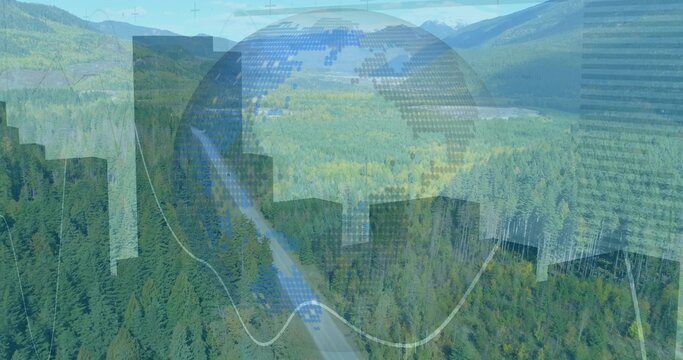Blending pixelated globe with wavy graph gridlines above highway to distant lake in mountain valley