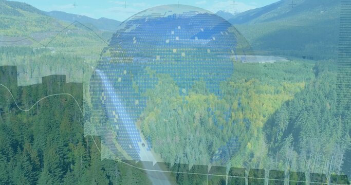 Displaying digital globe with pixel grid, data charts in forest valley, with 2-lane highway