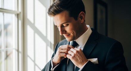 Groom Adjusting Tie in Natural Light, Preparing for Wedding Ceremony