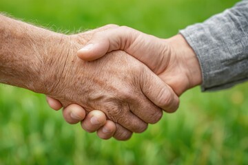 Close-up of two hands shaking.  A handshake against a blurred green background