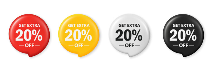 Get extra 20 percent off sale. Save 20 percent. 3D tag promotion design for shopping, marketing, advertisement, banner and web. Red, yellow, white, and black discount tags. Vector illustration.