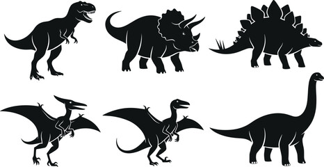 Dinosaur silhouettes collection, T-Rex, Triceratops, Stegosaurus, Pterodactyl, Brachiosaurus, Velociraptor, prehistoric animal, Jurassic era, ancient reptile, vector © Creatives Art