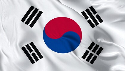National flag of South Korea (Taegukgi) with white field, red and blue Taeguk symbol in center, and four black trigrams in each corner representing natural elements and harmony.