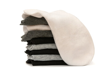 Men's new clean socks on a white background. White, gray and black colors.