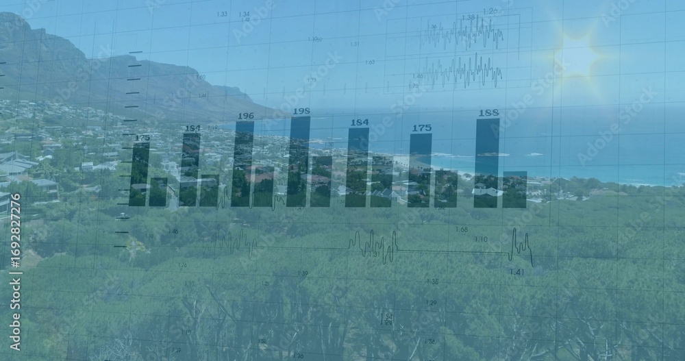 Poster displaying translucent bar chart overlay over coastal hillside, with grid lines and numeric labels