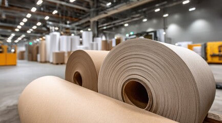 Industrial rolls of beige and off-white paper in a large factory