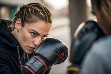 Female boxer hitting glove of sparring partner in closeup