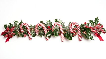 Red and green holly berries with candy canes and ribbons decorate the Christmas border on white