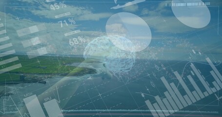 Pointing hand in white shirt at floating 3D brain model over coastal runway through airplane window