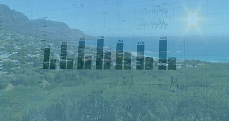 Displaying translucent bar chart overlay over coastal hillside, with grid lines and numeric labels